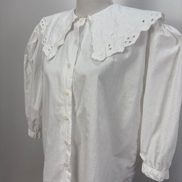 Vintage White Poet Blouse Cotton Embroidered Large Peter Pan Collar Puff Sleeves - Picture 3 of 10